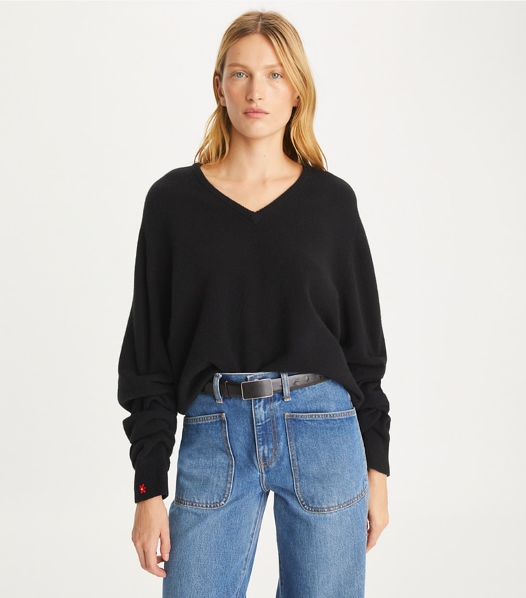 Tory Burch designer strickware Wollpullover mit V-Ausschnitt in Black front