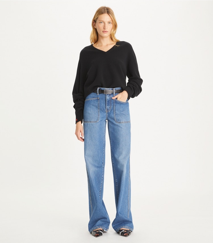 Tory Burch designer strickware Wollpullover mit V-Ausschnitt in Black modell von vorn