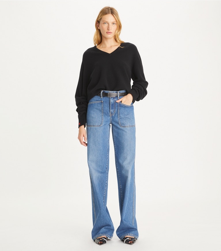 Tory Burch designer strickware Wollpullover mit V-Ausschnitt in Black front