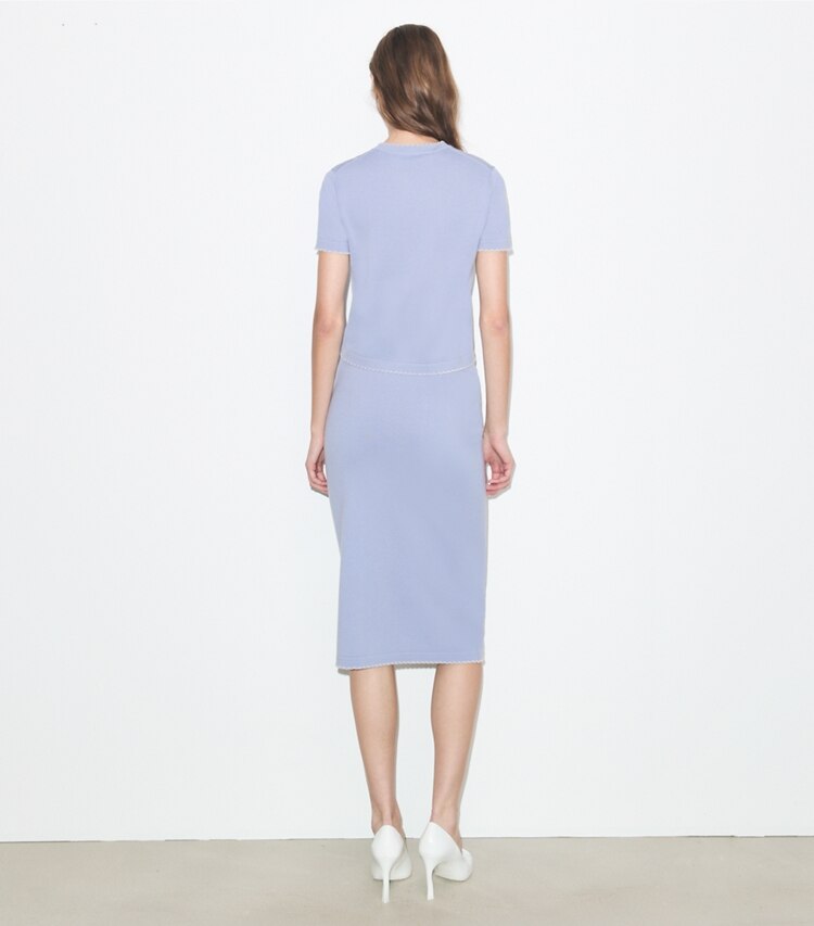 Tory Burch designer unterteile Wollrock mit Wellenkante in Pale Blue / New Ivory on model back