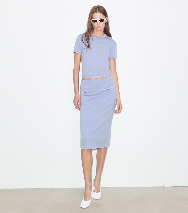 Tory Burch designer unterteile Wollrock mit Wellenkante in Pale Blue / New Ivory modell von vorn