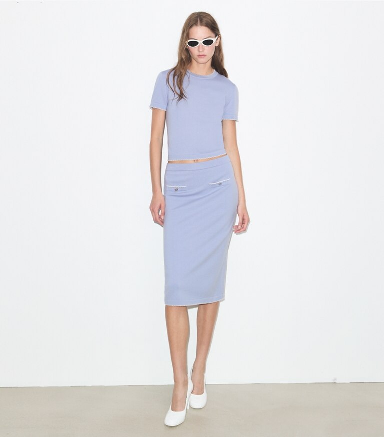 Tory Burch designer unterteile Wollrock mit Wellenkante in Pale Blue / New Ivory modell von vorn