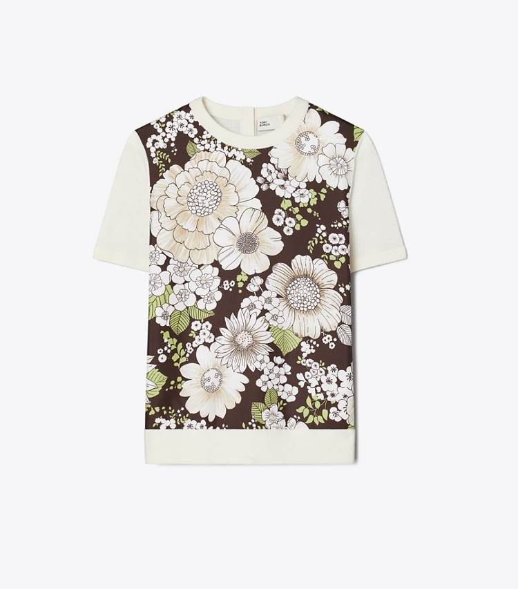 Tory Burch designer strickware Wolltop mit Seidenfront in New Ivory / Brown Floral front