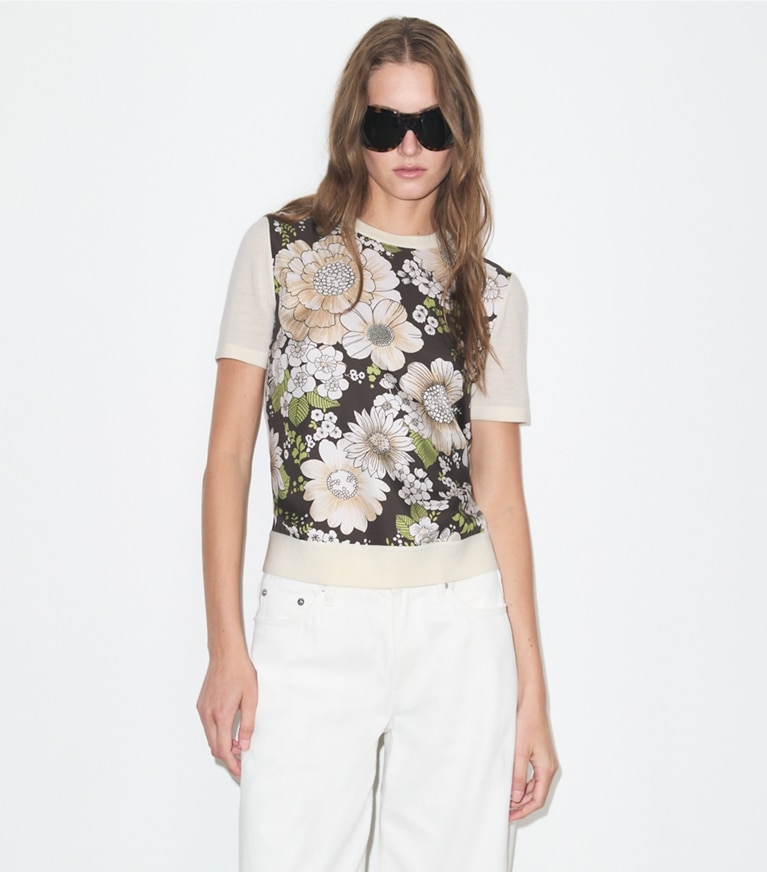 Tory Burch designer strickware Wolltop mit Seidenfront in New Ivory / Brown Floral on model detail