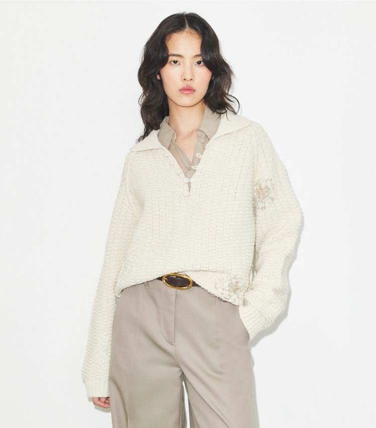 Tory Burch designer sweaters Wool and Alpaca Sweater in Cream on model detail