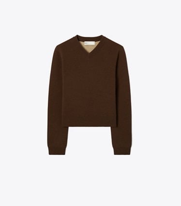 Tory Burch designer sweaters Wool and Cashmere Sweater in Dark Chestnut Brown front