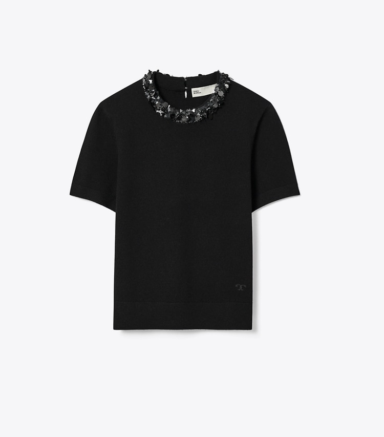 Tory Burch designer sweaters Wool And Sequin Short-Sleeved Sweater in Black front