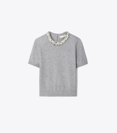 Tory Burch designer sweaters Wool And Sequin Short-Sleeved Sweater in Dusk Melange front