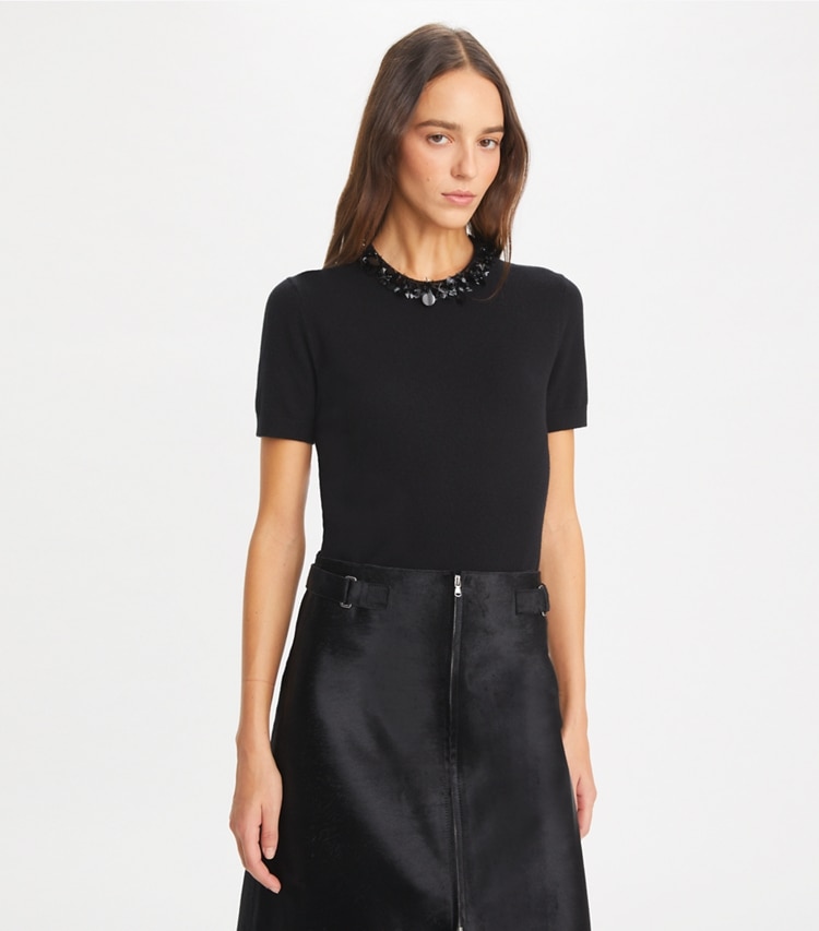 Tory Burch designer sweaters Wool And Sequin Short-Sleeved Sweater in Black on model detail