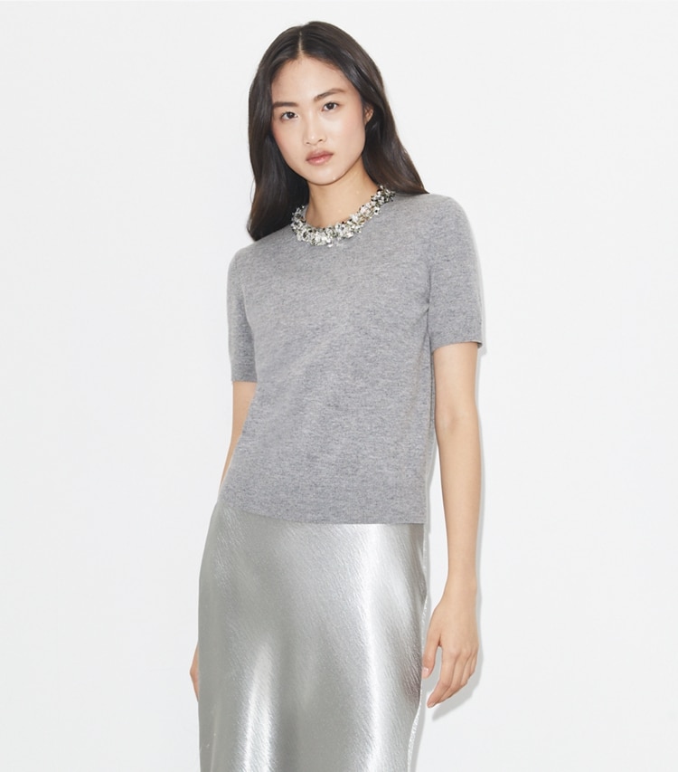 Tory Burch designer sweaters Wool And Sequin Short-Sleeved Sweater in Gray Melange on model detail