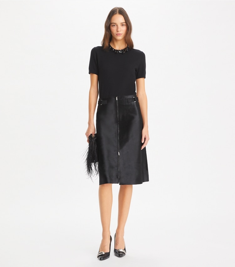 Tory Burch designer sweaters Wool And Sequin Short-Sleeved Sweater in Black on model front