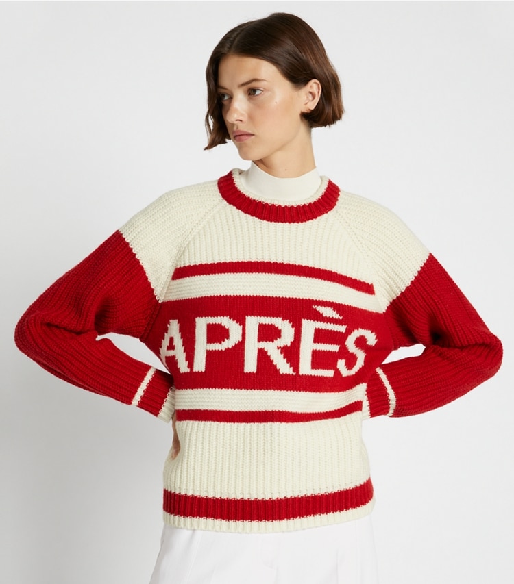 Tory Sport designer sweaters Wool Après-Ski Sweater in New Ivory / Red on model detail
