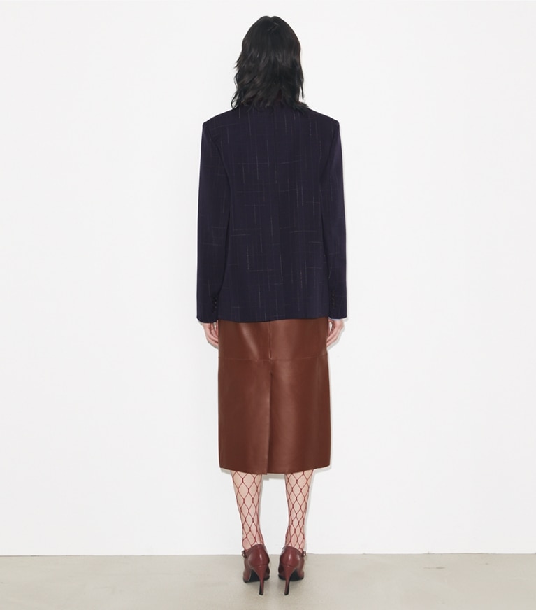 Tory Burch designer jackets Wool Blazer in Dark Navy / Copper on model back