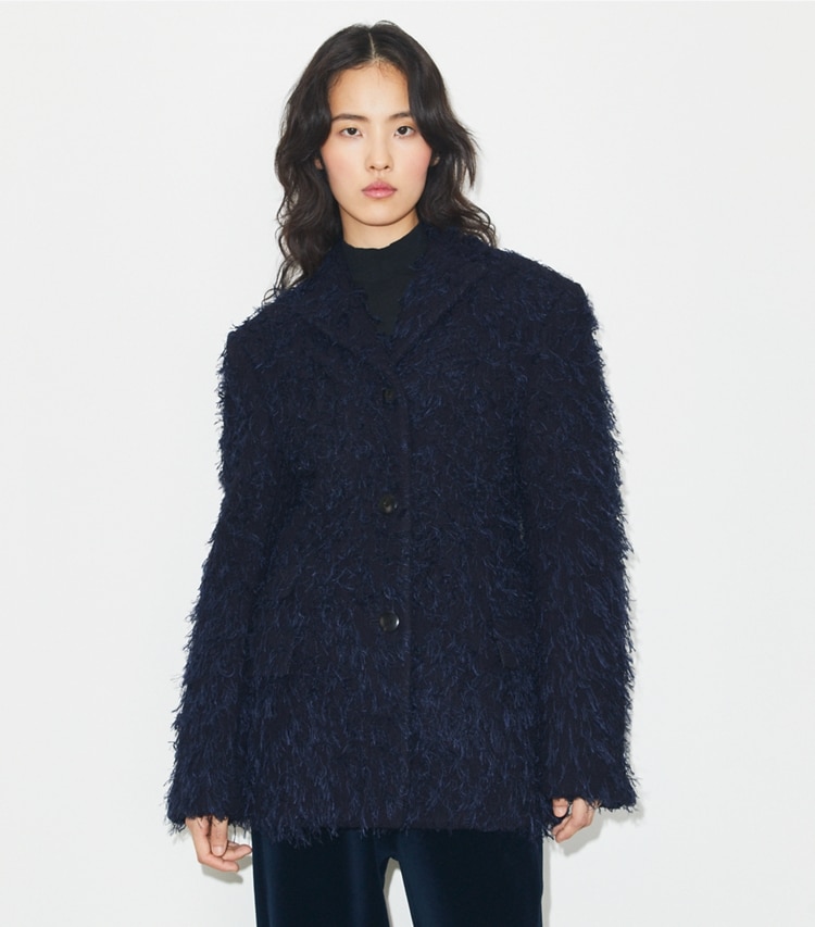 Tory Burch designer jackets Wool Blazer in Ink on model detail