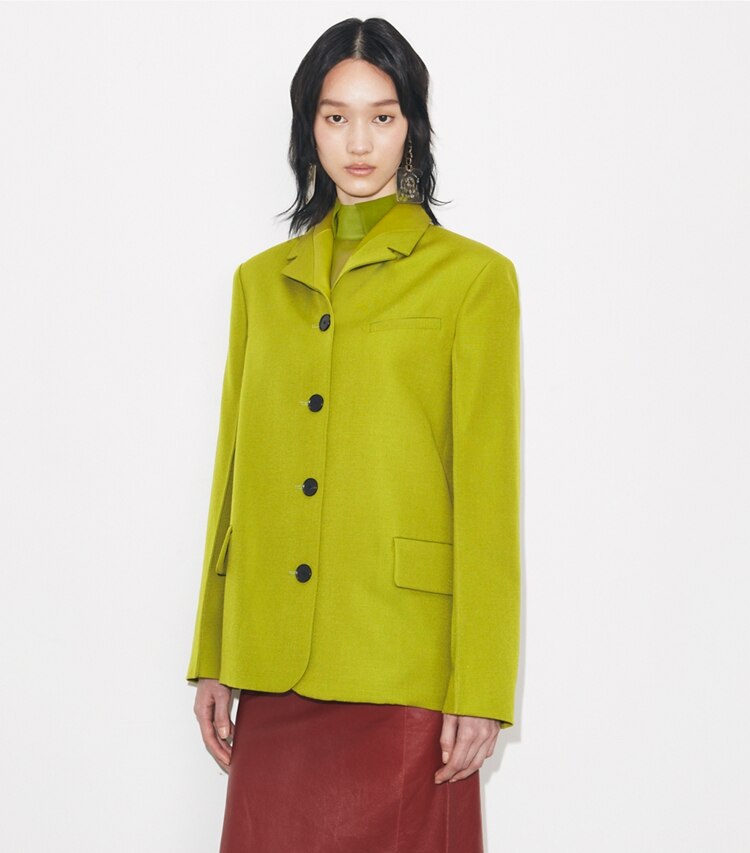 Tory Burch designer jackets Wool Blazer in Leaf Green on model detail