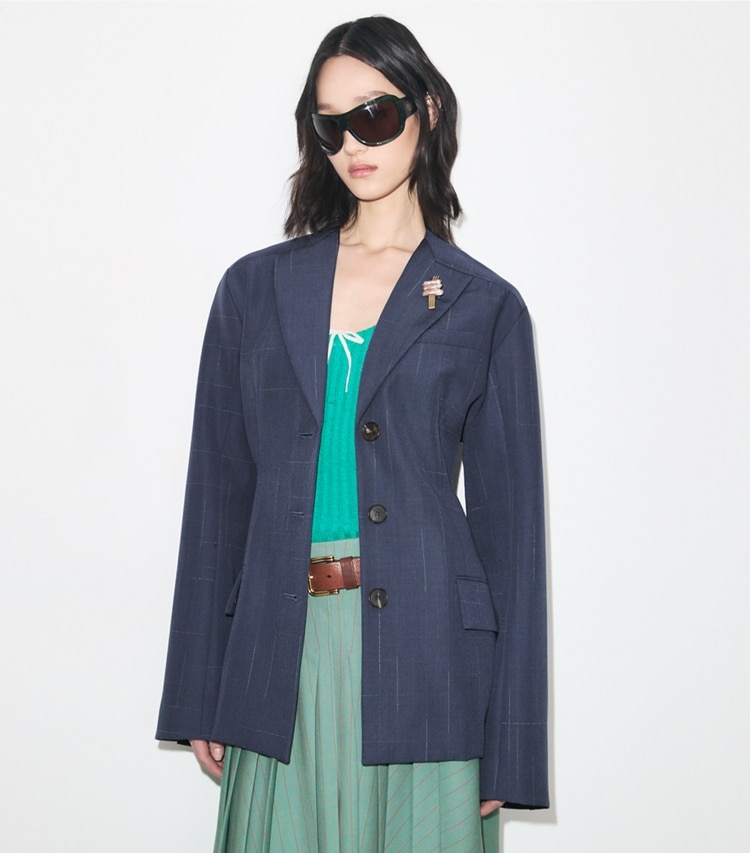 Tory Burch designer jackets Wool Blazer in Steel on model detail