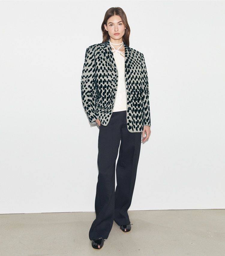 Tory Burch designer jackets Wool Blazer in True Gray on model front