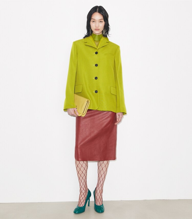 Tory Burch designer jackets Wool Blazer in Leaf Green on model front