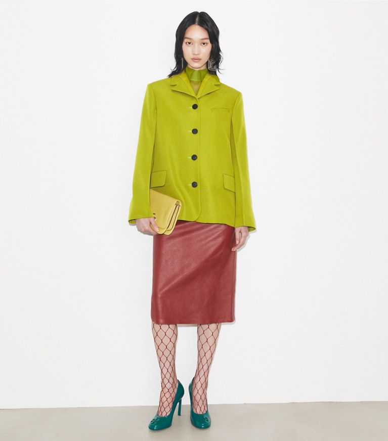 Tory Burch designer jackets Wool Blazer in Leaf Green on model front