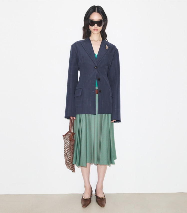 Tory Burch designer jackets Wool Blazer in Steel on model front