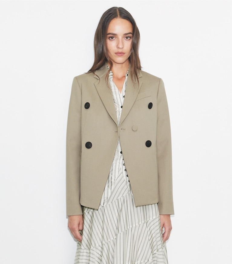 Tory Burch designer jackets Wool Blend Blazer in Taupe Gray front