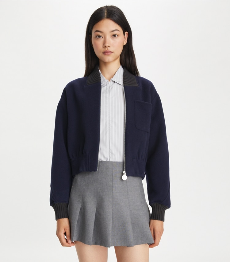 Tory Burch designer jackets Wool Bomber Jacket in Medium Navy on model detail