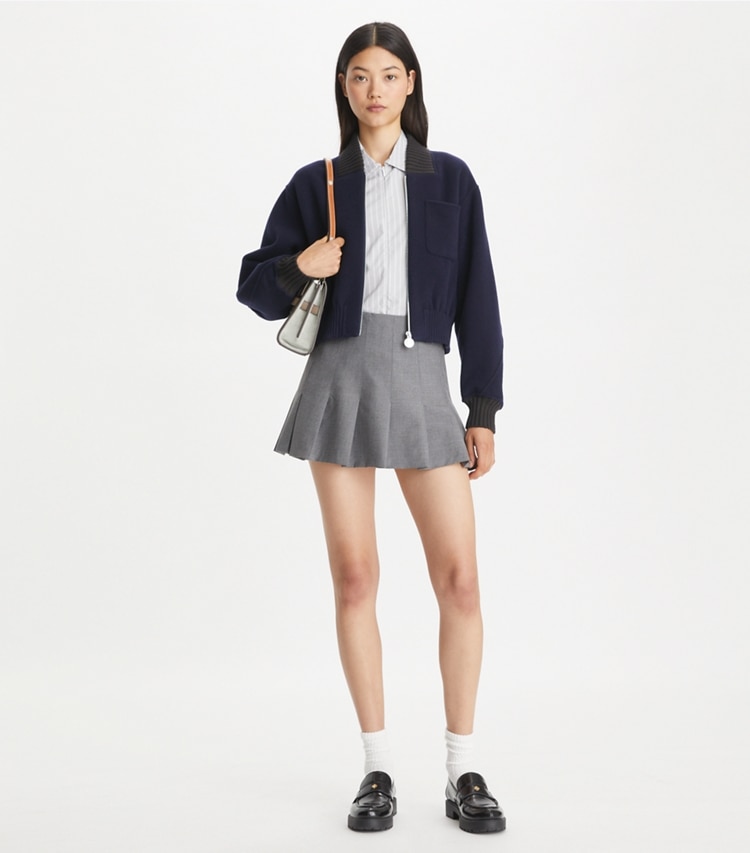 Tory Burch designer jackets Wool Bomber Jacket in Medium Navy on model front