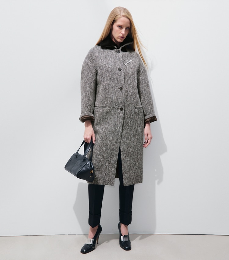 Tory Burch designer coats Wool Bouclé Coat in Brown / Ivory on model front