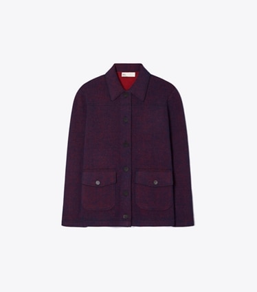Tory Burch designer sweaters Wool Camp Jacket in Red Begonia / Evening Blue front
