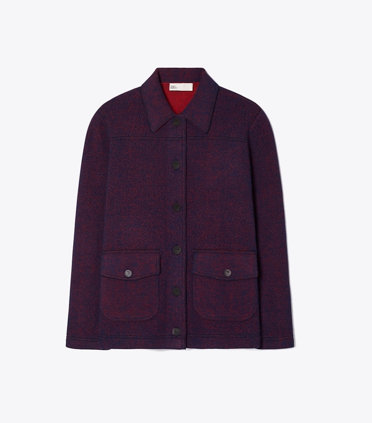 Tory Burch designer sweaters Wool Camp Jacket in Red Begonia / Evening Blue front