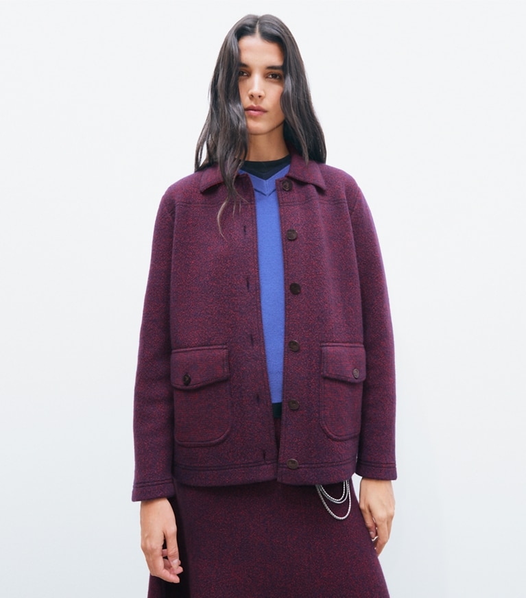 Tory Burch designer sweaters Wool Camp Jacket in Red Begonia / Evening Blue on model detail