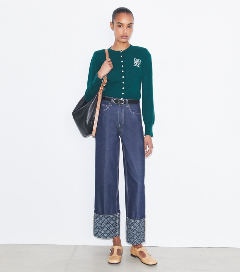 Tory Burch designer sweaters Wool Cardigan in Dark Green front