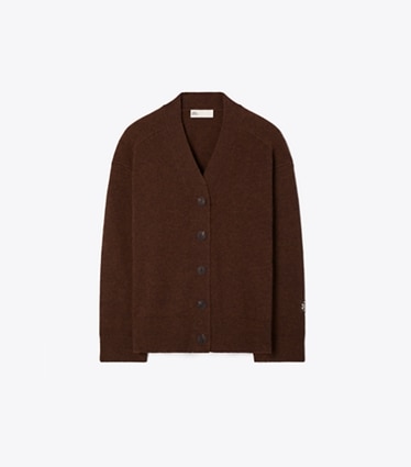 Tory Burch designer sweaters Wool Cardigan in Dark Roast front