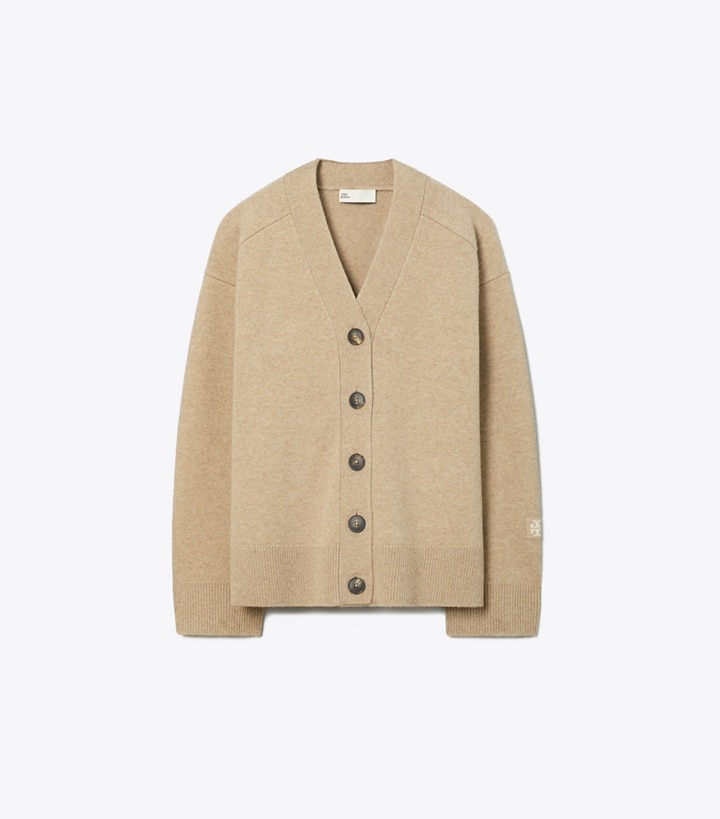 Tory Burch designer sweaters Wool Cardigan in Oatmeal Melange front