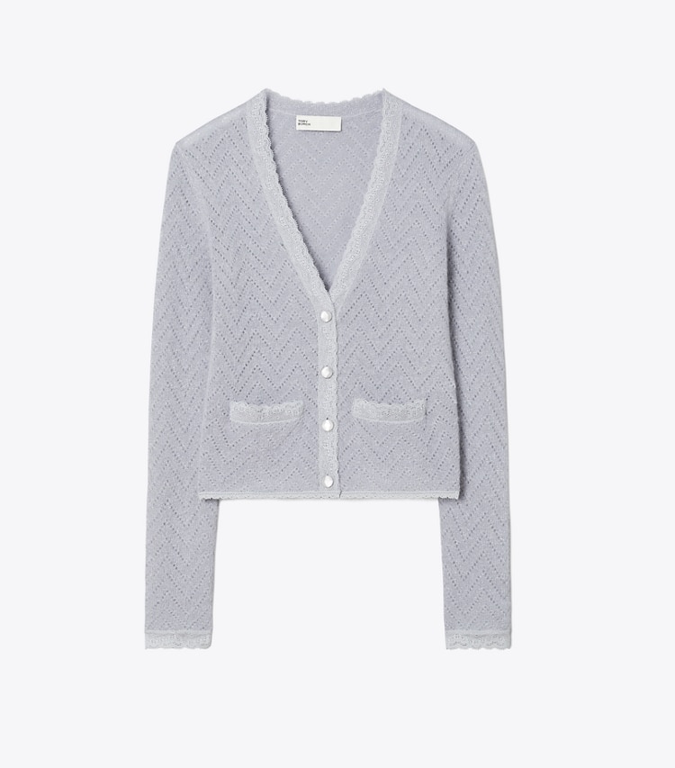 Tory Burch designer sweaters Wool Cardigan in Cool Platinum / Snow Blue Metallic front