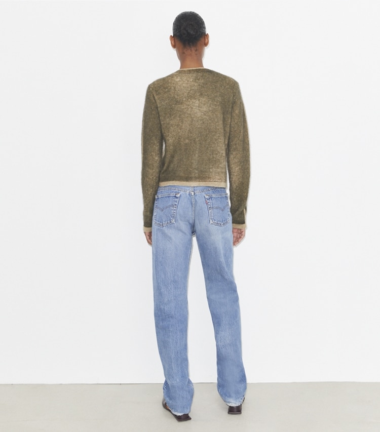 Tory Burch designer sweaters Wool Cardigan in Tuscan Sand/ Cropped Cardigan (Master) on model back