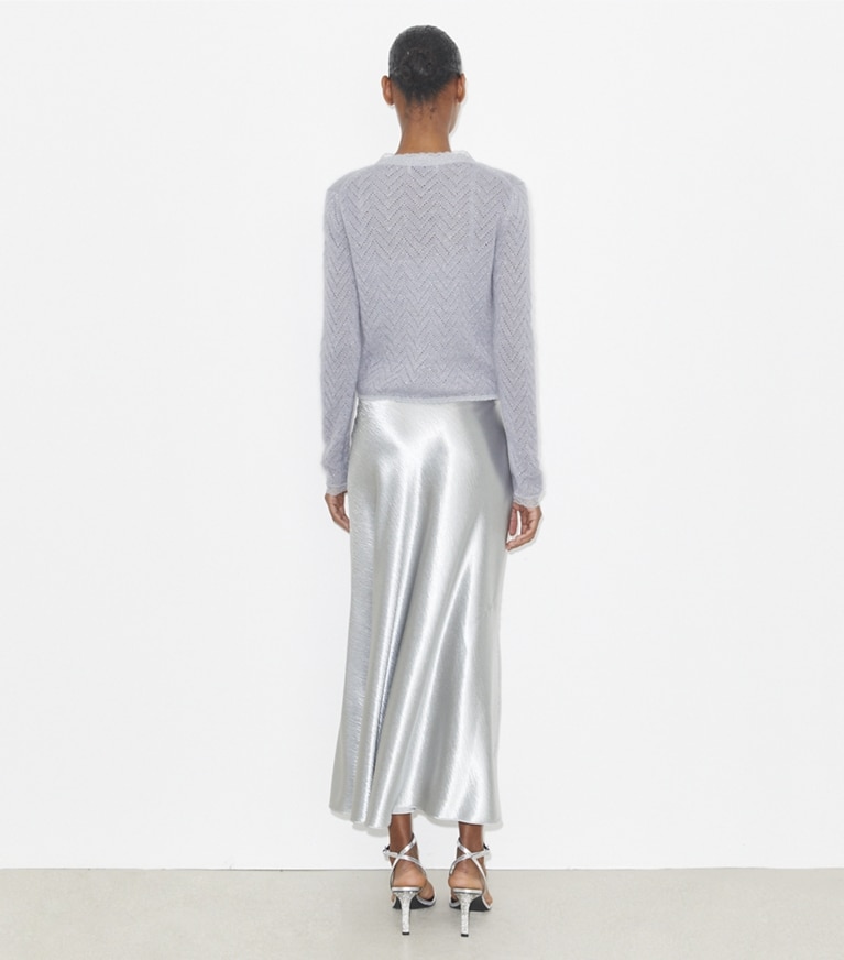 Tory Burch designer sweaters Wool Cardigan in Cool Platinum / Snow Blue Metallic front