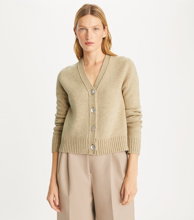 Tory Burch designer sweaters Wool Cardigan in Oatmeal Mélange on model detail