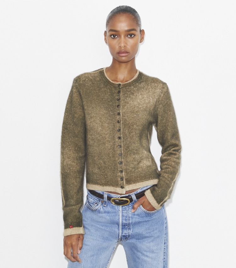 Tory Burch designer sweaters Wool Cardigan in Tuscan Sand/ Cropped Cardigan (Master) on model detail