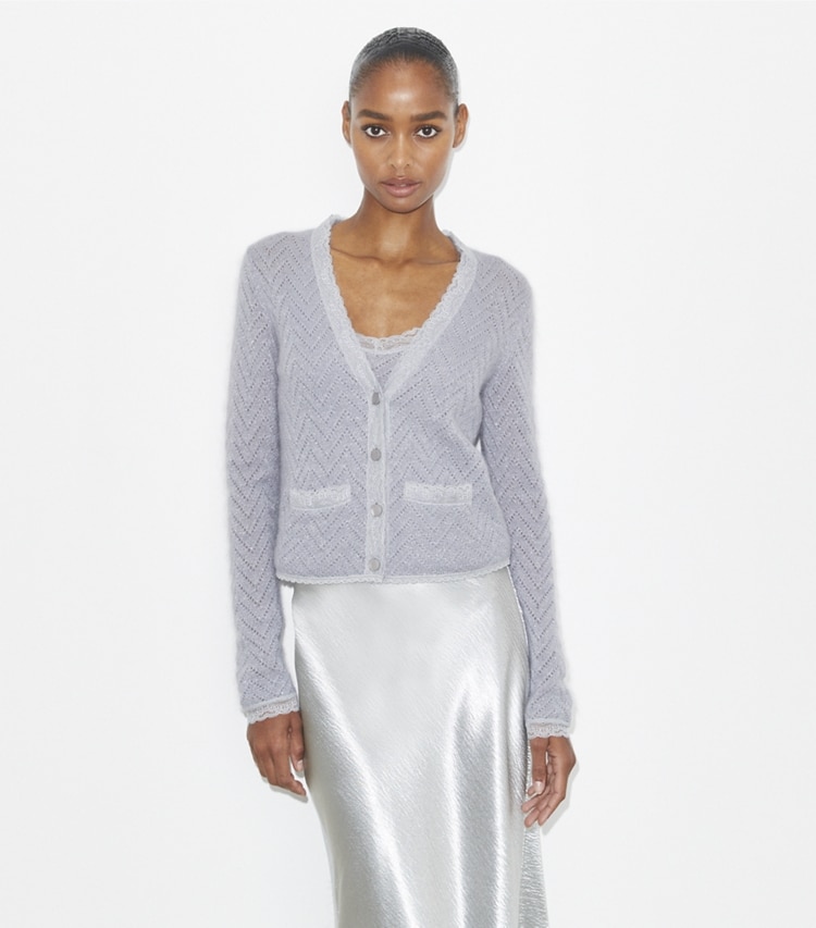 Tory Burch designer sweaters Wool Cardigan in Cool Platinum / Snow Blue Metallic on model detail