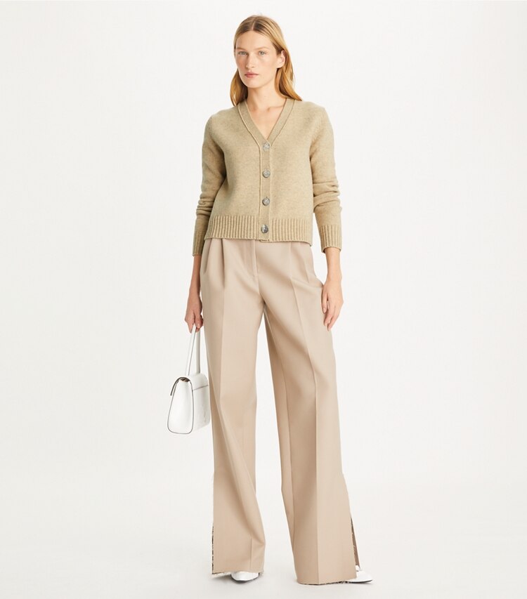 Tory Burch designer sweaters Wool Cardigan in Oatmeal Mélange on model front