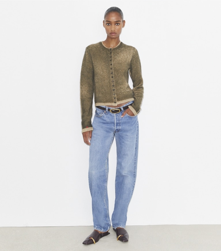 Tory Burch designer sweaters Wool Cardigan in Tuscan Sand/ Cropped Cardigan (Master) front