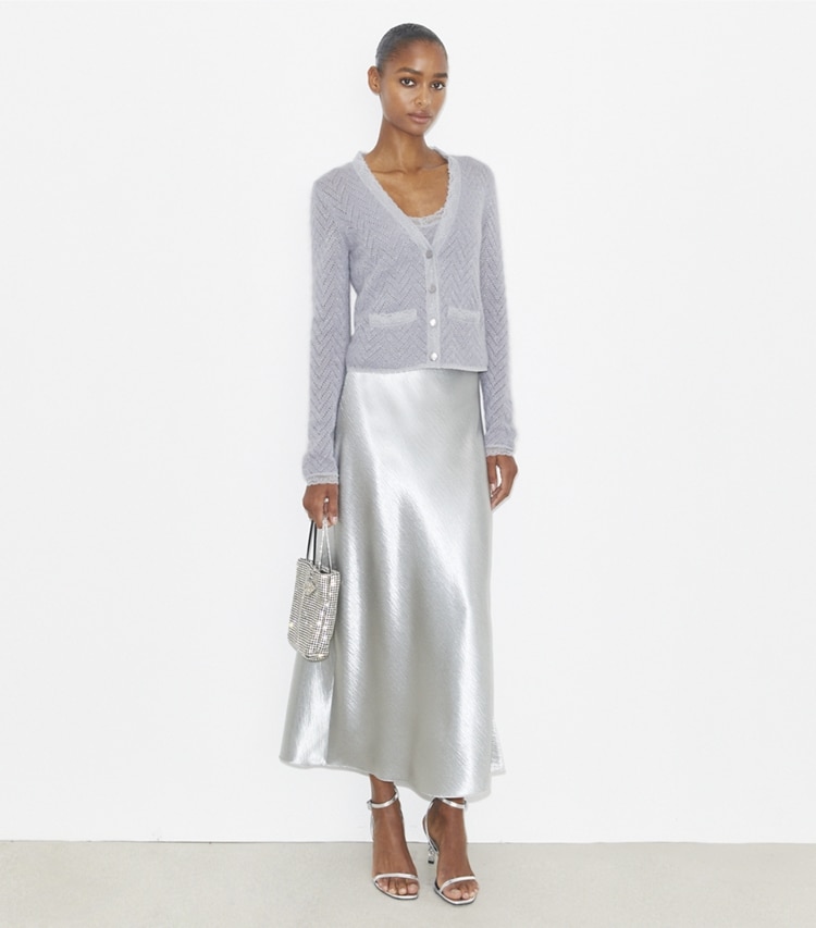 Tory Burch designer sweaters Wool Cardigan in Cool Platinum / Snow Blue Metallic on model front