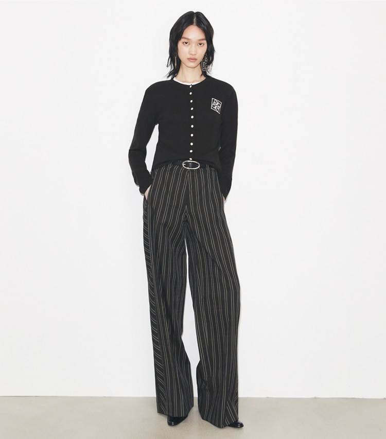 Tory Burch designer sweaters Wool Cardigan in Brown on model front