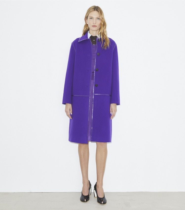 Tory Burch designer coats Wool Coat in Purple Aster on model front