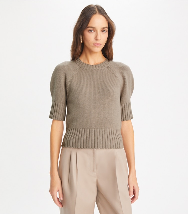 Tory Burch designer sweaters Wool Crewneck in Mink Brown on model detail