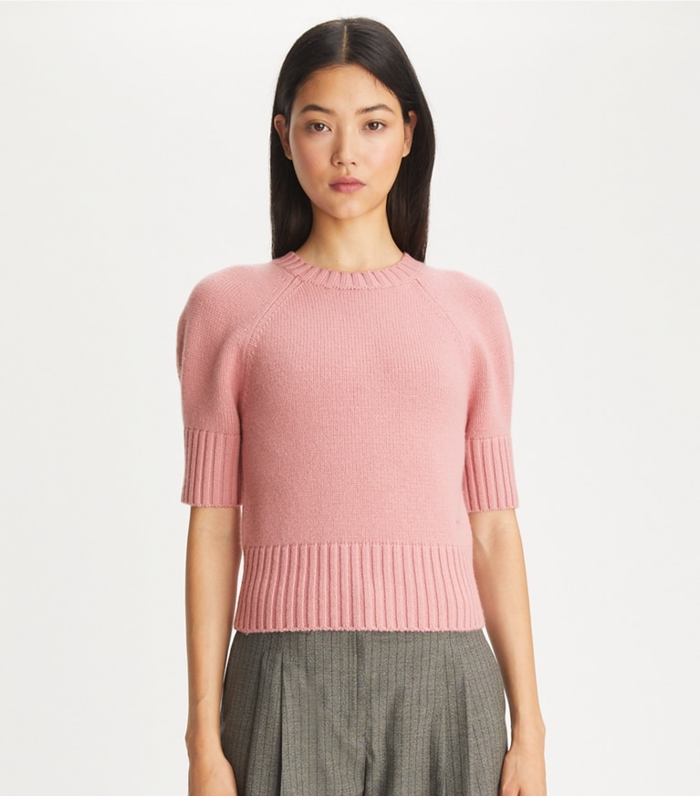 Tory Burch designer sweaters Wool Crewneck in Mauve Pink front