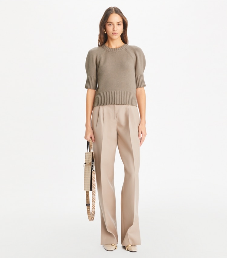 Tory Burch designer sweaters Wool Crewneck in Mink Brown on model front