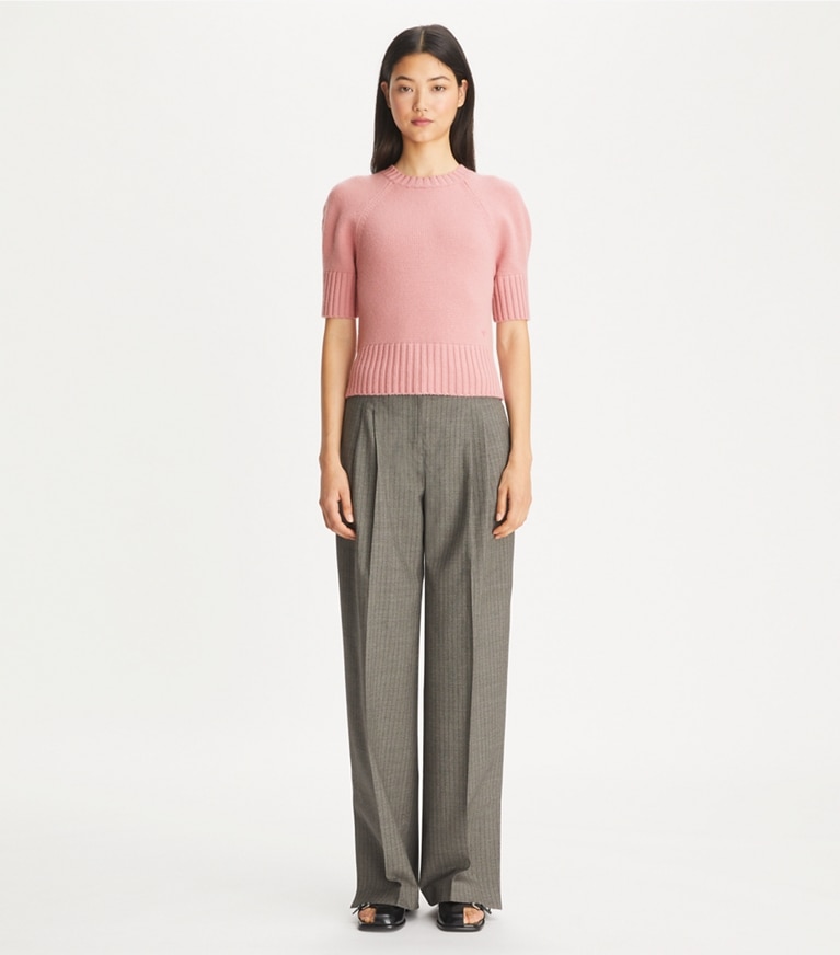 Tory Burch designer sweaters Wool Crewneck in Mauve Pink front