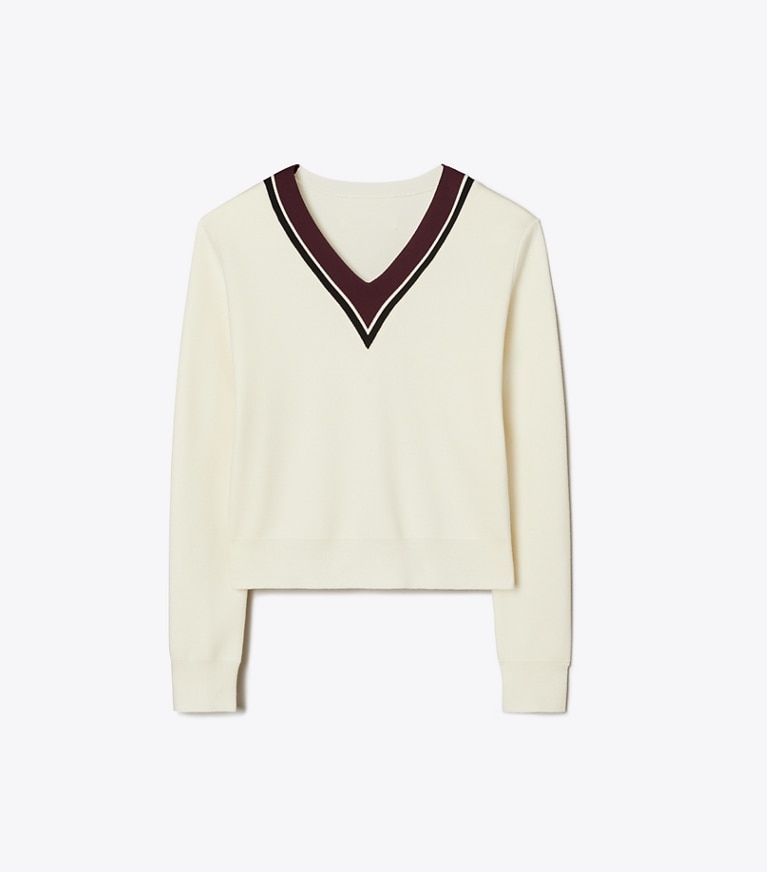 Tory Sport designer sweaters Wool Dickie Sweater in New Ivory / Evening Plum front
